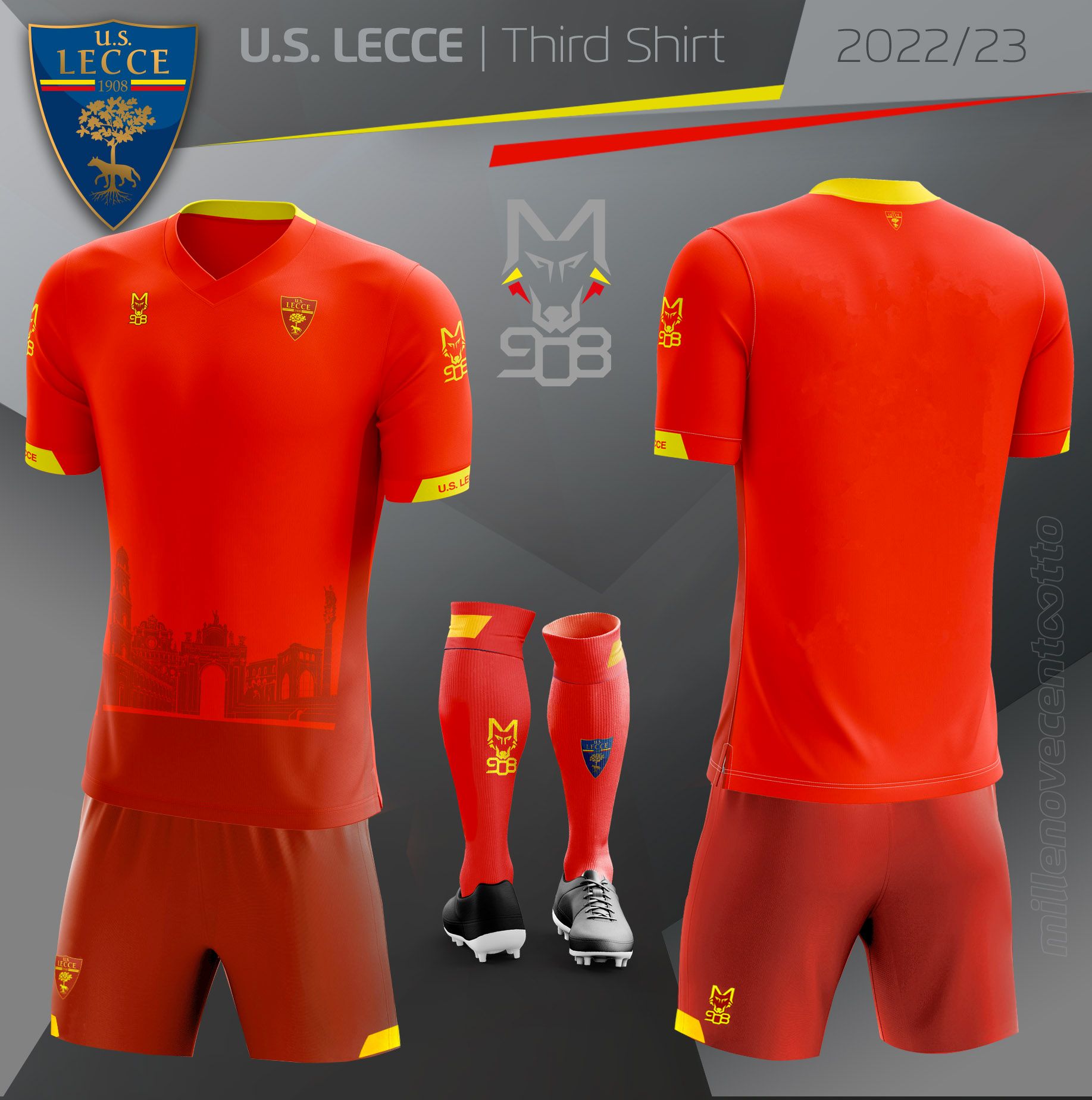 M908 – 3′ MAGLIA GARA U.S. LECCE ROSSA TRASFERTA UFFICIALE 22/23 + PANTALONCINO OMAGGIO