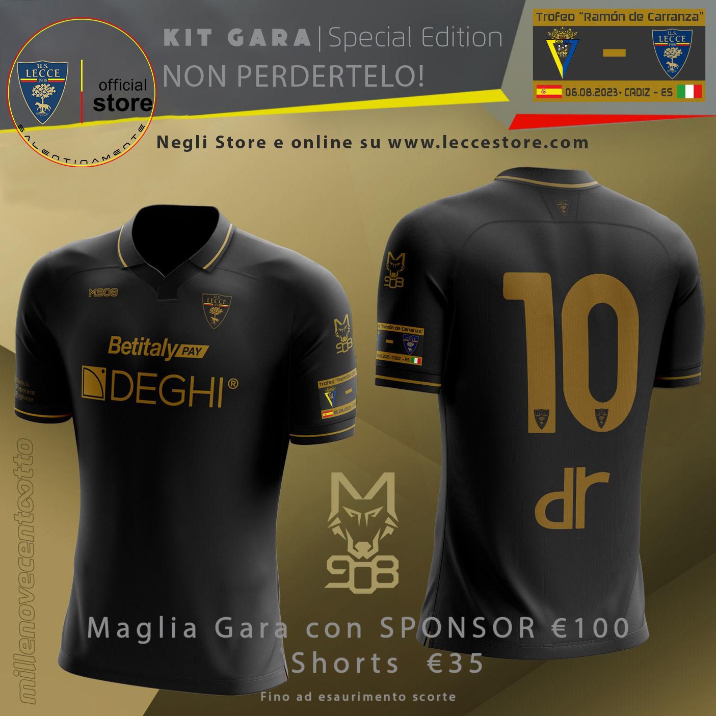 M908 – MAGLIA NERA CON SPONSOR EDIZIONE SPECIALE – CADICE VS U.S. LECCE CALCIO – TORNEO CARRANZA