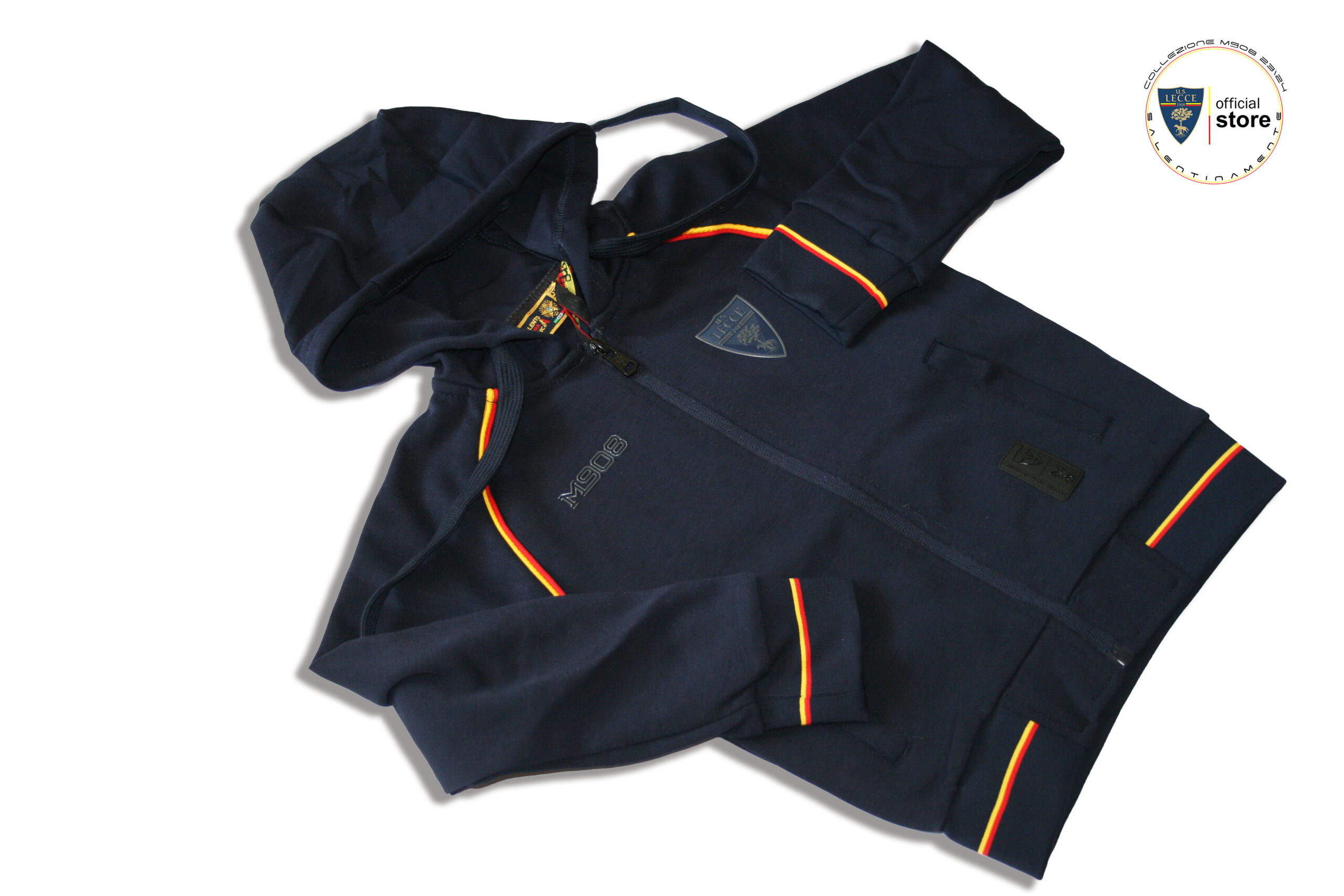 M908 – FELPA GIACCA TUTA ZIP+CAPPUCCIO BLU U.S.LECCE CALCIO PROFILO GIALLOROSSO – BAMBINO