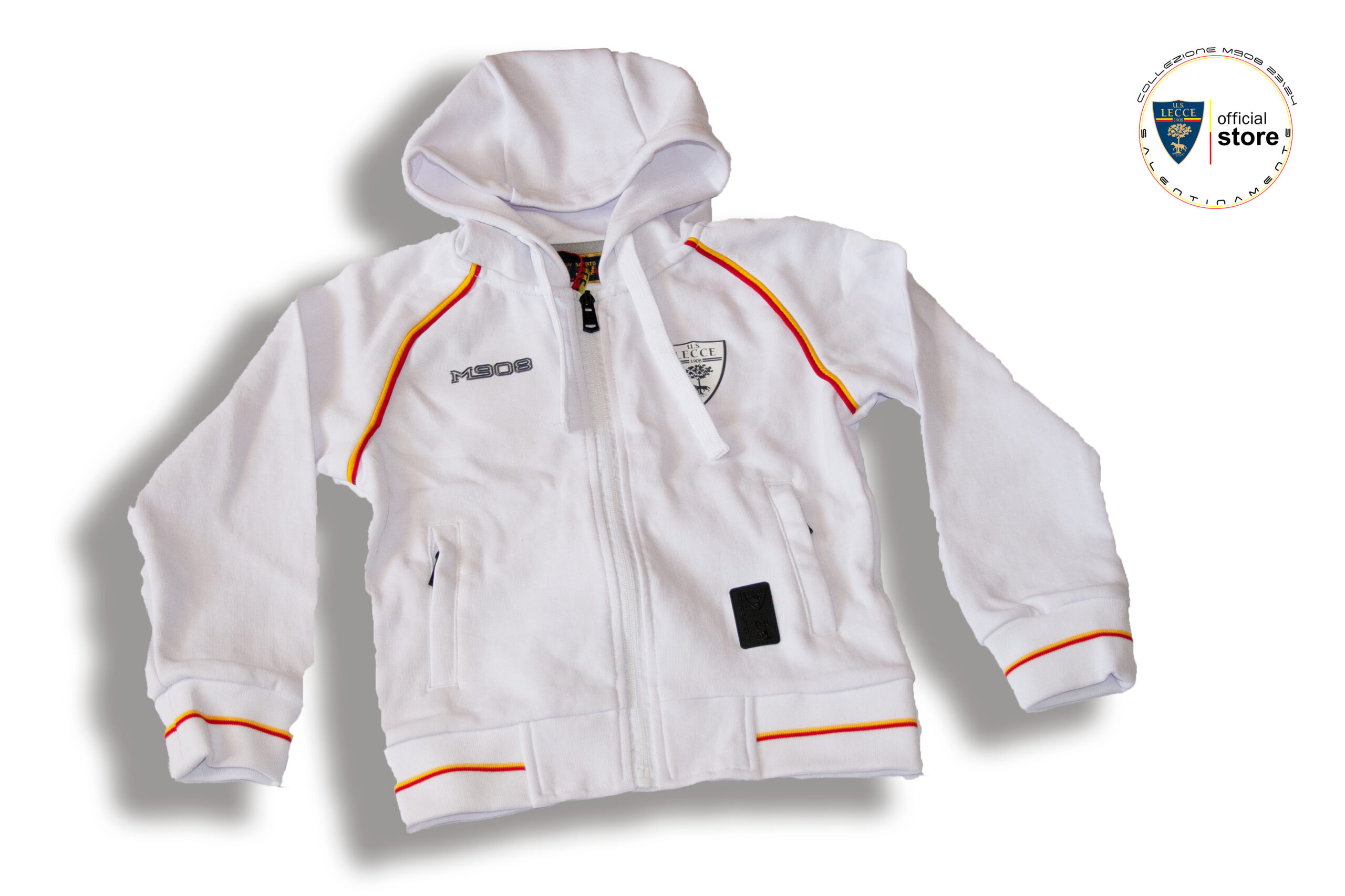 M908 – FELPA COTONE GIACCA TUTA ZIP+CAPPUCCIO BIANCA U.S.LECCE CALCIO PROFILO GIALLOROSSO – BAMBINO